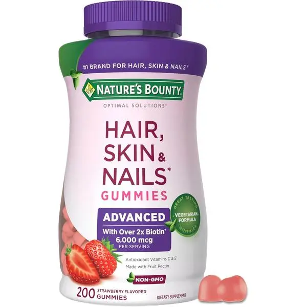 Nature’s Bounty Optimal Solutions Advanced Hair, Skin and Nails Pectin Gummies, 2x Biotin Per Serving, No Stick Gummy, Vegetarian Formula, Strawberry Flavor, 200 ct, 100 Total Servings