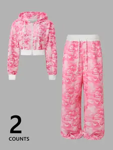 Women's Camouflage Hoodie Set, Casual Loose-Fit Two-Piece, Comfortable Drawstring Pants, Spring & Fall Fashion Combo