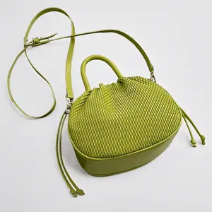 Elegant Lime Green Women's Handbag - Chic Woven Texture, PU Material with Drawstring Closure, Stylish Small Tote for Everyday Use, Cute Purse