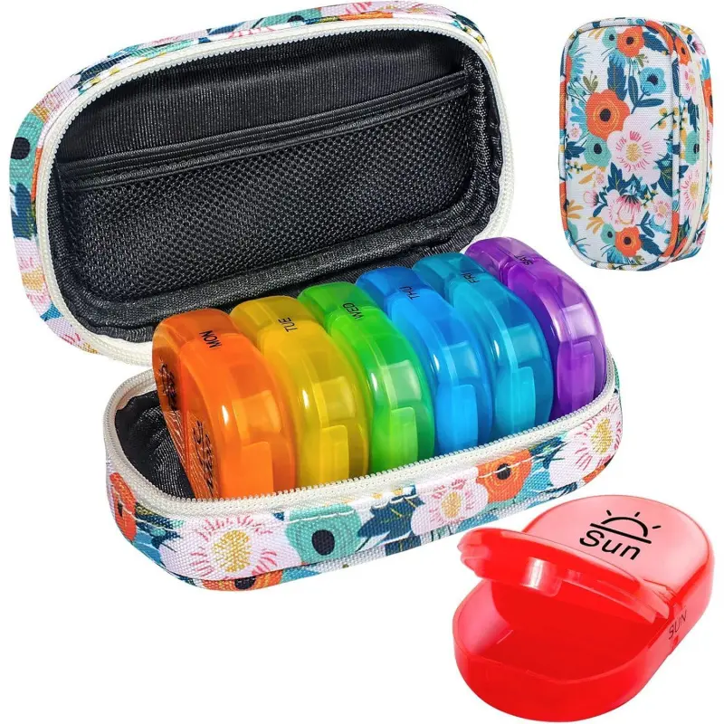 Weekly Travel Pill Organizer 2 Times A Day AM PM Upgraded Rainbow Pill Box 7 Day with Portable Zipper Canvas Pill Case, Organizer for Pills, Vitamins, Fish Oils - Bloom 01 Healthcare Aid