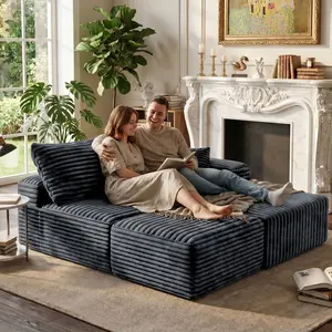 【2 Packages】 Oneroom Organic Modern Light Gray 103" Plush Corduroy No Assembly Required L-Shaped Modular Cloud Collection Sectional Sofa, Boneless All-Foam Summervibes Comfort