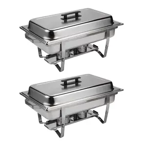 2-Set Stainless Steel Stackable Buffet Catering Plates & Trays, 9QT Capacity Kitchenware with Lids – Space-Saving Design for Home & Outdoor Use