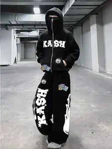 Men's Kash Graffiti Print Two-Piece Set, Loose Zip Hoodie & Wide-Leg Pants, Comfortable Streetwear, Casual Urban Style