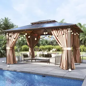 【Ships in 2 Packages】Aoxun 12'x10' Hardtop Gazebo, Aluminum Permanent Pavilion with Curtains & Netting, Outdoor Double Roof Gazebo for Patio Lawn Garden