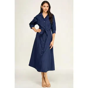 Navy Cotton Poplin Button Down Midi Dress | Collared Self-Tie Belt