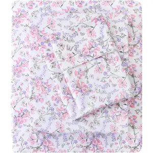 Cozy  Microfiber Printed  Sheet Set - Soft Breathable Percale Cotton Floral Bed Sheets with Deep Pocket - Non-Slip Fitted Design - Pink Purple  Pattern