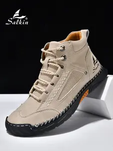 Men's Fashionable Patchwork Design Lace Up Ankle Boots, Casual Comfortable Breathable Non-slip Boots for Outdoor Activities, Durable PU Leather Shoes for Fall & Winter