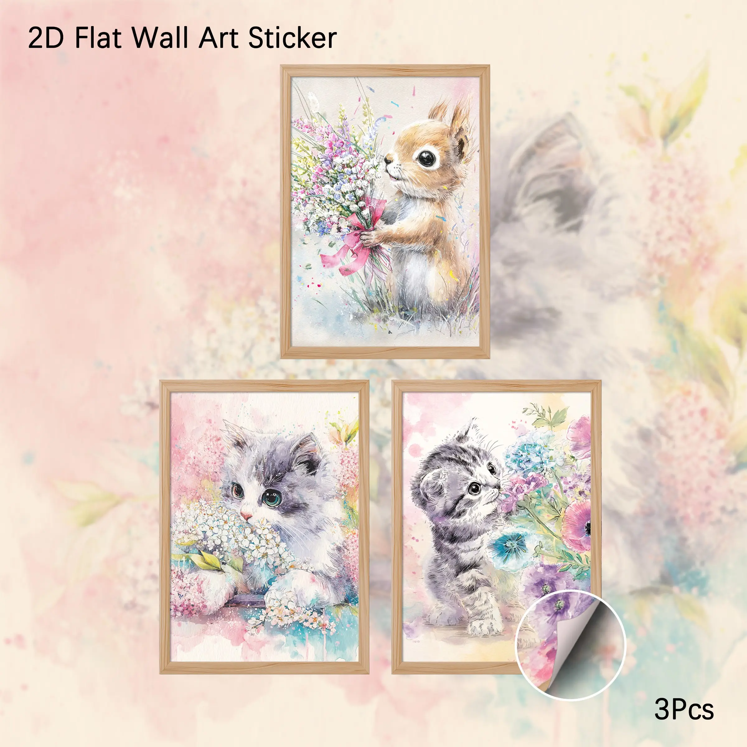 2D Flat Wall Art Sticker, 3Pcs PVC Self-Adhesive Framed Wallpaper Sticker, Watercolor Floral Animal Wall Decals, Whimsical Cat & Squirrel Art Decor for Living Room, Bedroom, Ideal for Animal Lovers & Soft Aesthetic Fans