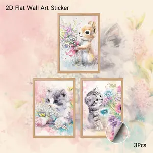 2D Flat Wall Art Sticker, 3Pcs PVC Self-Adhesive Framed Wallpaper Sticker, Watercolor Floral Animal Wall Decals, Whimsical Cat & Squirrel Art Decor for Living Room, Bedroom, Ideal for Animal Lovers & Soft Aesthetic Fans