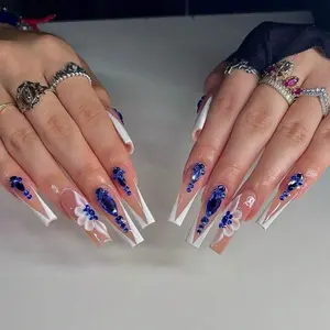 A10 Nude With Blue Rhinestone Gems French Tip Press-on Nails Long Lasting Durable Nail Art Manicure