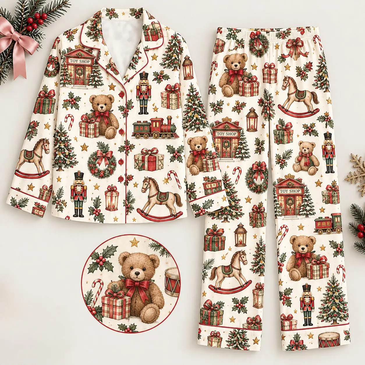 Teddy Bear Christmas Satin Pajama Set | Vintage Toy Holiday Sleepwear | Nutcracker Xmas PJs | Cozy Christmas Gift