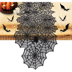 Halloween Decoration Table Runner with 12 Pack 3D Bats, Spider Web Black Lace Table Runner for Kitchen Dinner Table, Halloween Party Decoration Indoor - 13 x 72 Inch