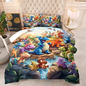 3D Chibi Dinosaur Park Comforter Set & 1-2 Pillowcases Without Inner Liners, Vibrant Colors, Cute images of Tyrannosaurus Rex, Triceratops, Brachiosaurus & Pterodactyl, Cozy Warmth, Kids Room Decor Gift Choice