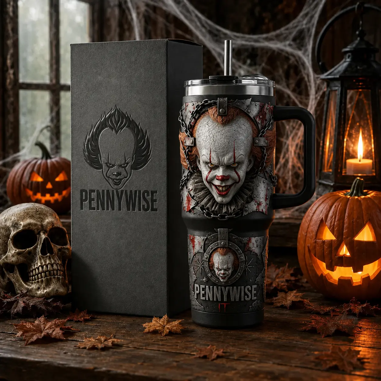 OceanSip4U Pennywise IT Horror 40oz Stainless Steel Tumbler with Handle, Vacuum Insulated Travel Mug, Scary Clown Halloween Cup, Horror Movie Tumbler, Gift for Horror Fans