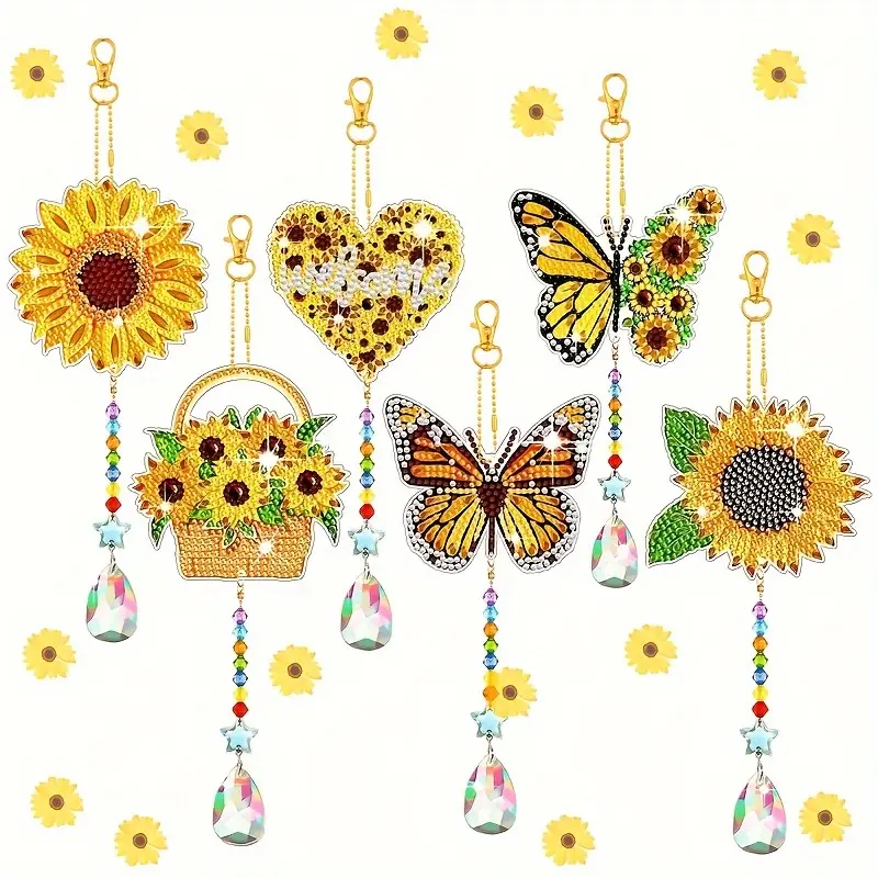 6-Piece DIY Diamond Painted Bell Kit, Diamond Painting Kits, Craft, Art, Making Kit, Irregular Diamond Painted Pendant Set, Dual-Sided Butterfly Jewelry, Sunflower Keychain, Home Garden Decor