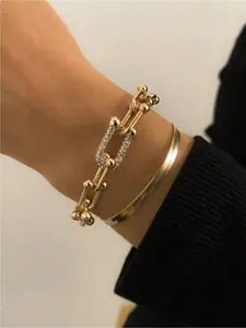 Luxury Layered Gold High Quality Bracelet Set with Crystal-Embellished Paperclip Chain and Minimalist Cuff Bangle, Chic Stackable Jewelry for Women