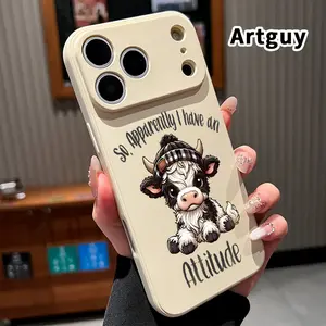 Straight Edge Phone Case for iPhone 17 16 Pro Max 15 Plus 14 13 12 11 Air XS XR E Cute Cow Attitude Pattern Drop Protection Shockproof Soft Silicone smartphone Cover