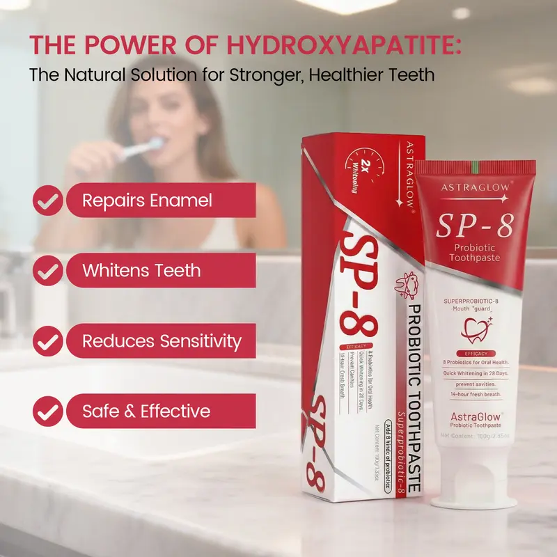 ASTRAGLOW SP-8 Toothpaste - Fluoride-Free with Hydroxyapatite & Probiotics for Stain Removal, Cavity Prevention, and Fresh Breath - Oral Hygiene Essentials
