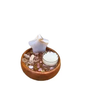 Handcrafted Blue Chalcedony Star Intention Bowl with Strawberry Quartz Clear Quartz Lotus Candle & Gold Leaf in Resin Decorative Piece