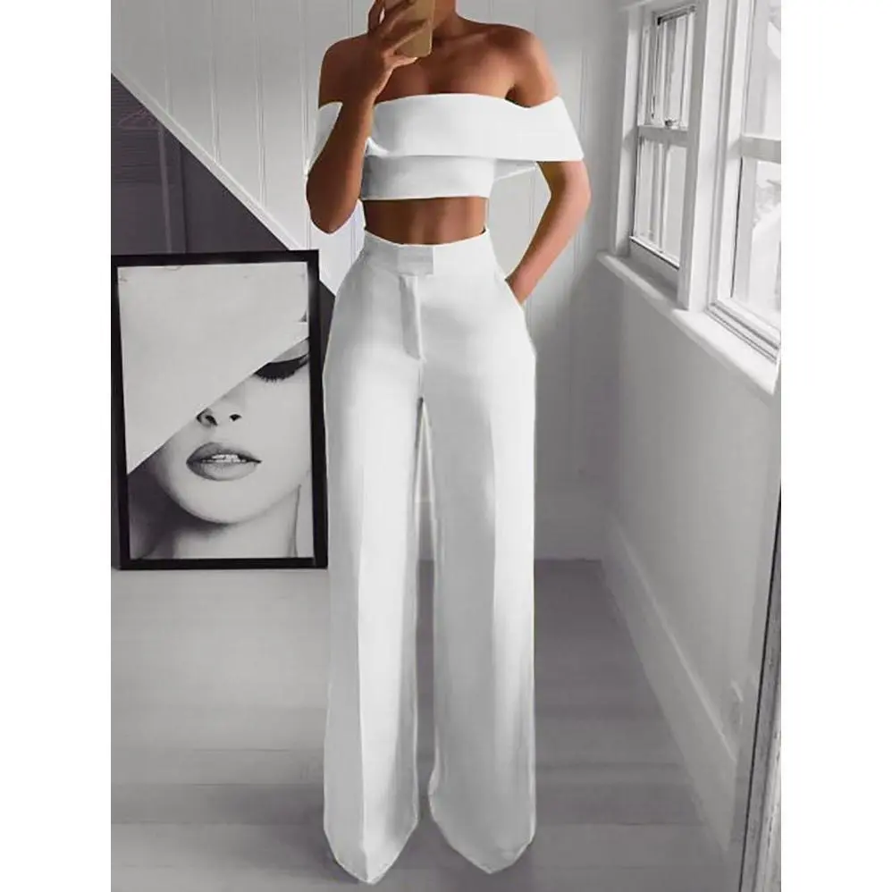 Cropped Top and Long Trousers Set for Women - Summer White Black 2 Piece Set with Breathable Fabric, Drop Shoulder, Floor Length, Machine Washable