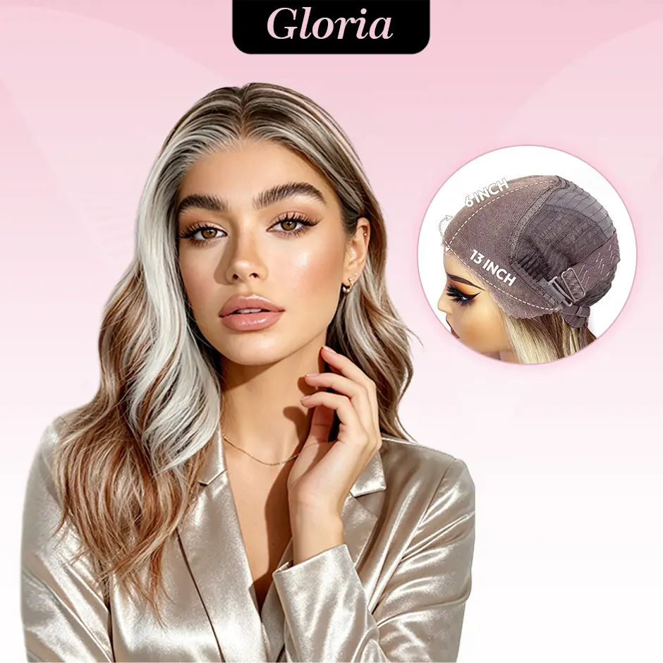 [Gloria] VSIGN New Rose Gold Smoky Silver Salt Pepper Highlights Shoulder Length Wavy Wig Scandi Hairline Pre Cut Lace Natural Looking Premium Synthetic Hair Heat Resistant Fiber Soft Layered Waves Lightweight Beginner Friendly Daily Wear Natural Hairline