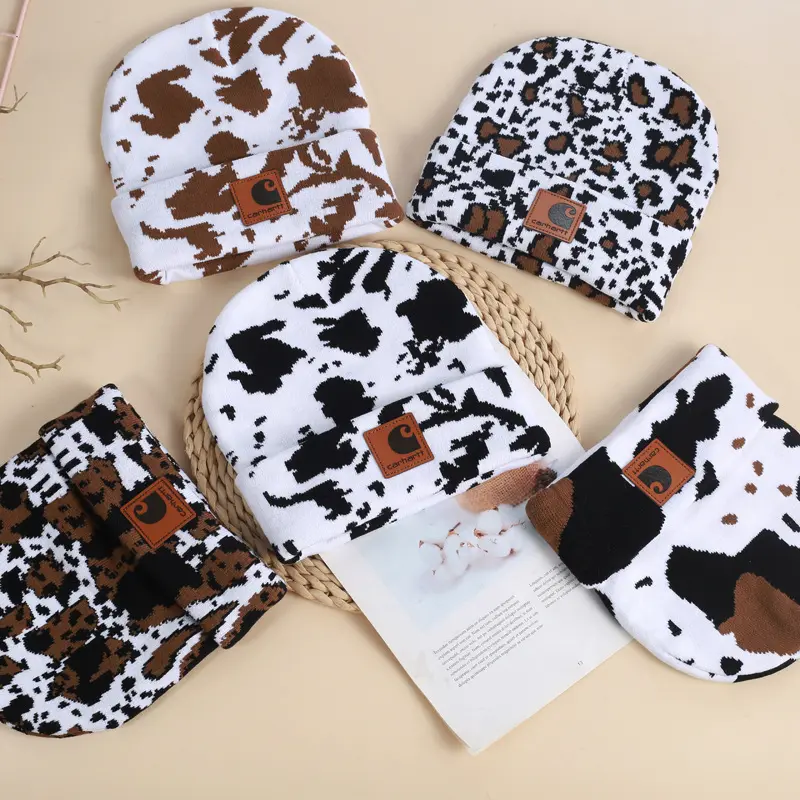 Carhartt Cow Print Beanie Hats for Men Women,  Cow Pttern Knit Hat Animal Print Beanies Winter Stretch Knitted Beanie