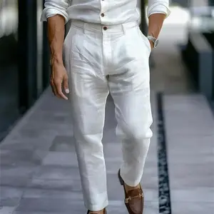 Men's Linen Summer Button Comfortable Breathable Business Casual Fashion Street Pants Cotton