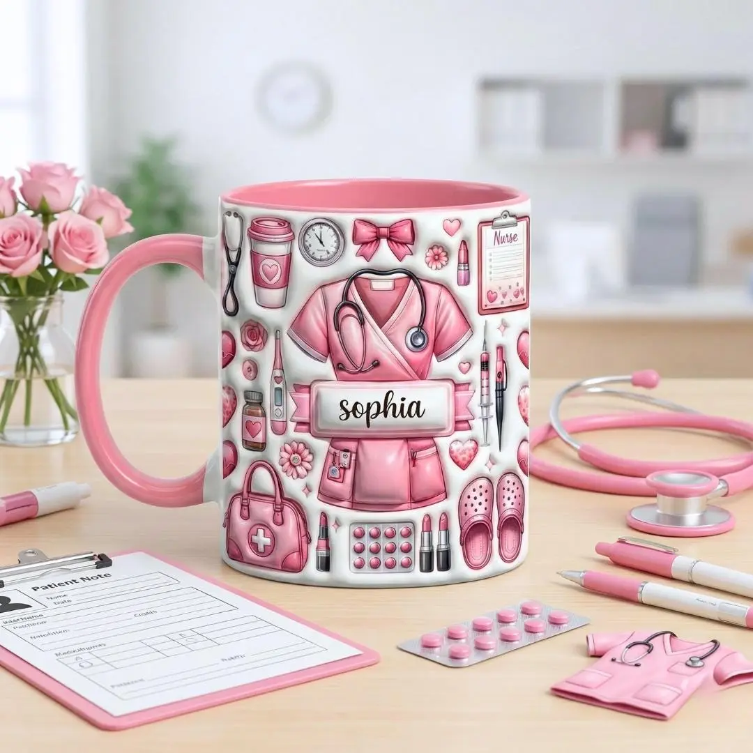 Personalized Nurse Accent Mug, Custom Name Pink Nursing Coffee Mug, Personalized Nurse Gift, Doctor Medical Gift