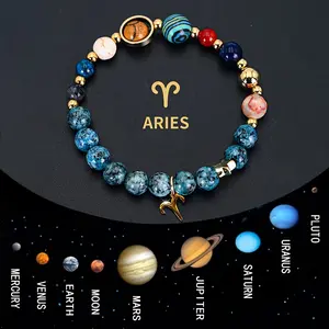 [Cosmic Galaxy Bracelet] 1pc Cosmic Galaxy Imperial Green Natural Stone Eight Planets Ladies 12 Constellation Bracelet Zodiac Pendant Libra Virgo Sagittarius Jewelry Valentine's Day Couple Gift