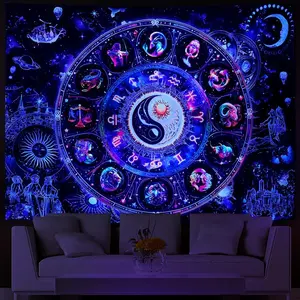 Lahasbja Blacklight Constellation Tapestry UV Reactive Sun and Moon Tapestries Spiritual Zodiac Astrology Wall Tapestries Galaxy Wall Decor Mystic Yin Yang Wall Hanging for Bedroom