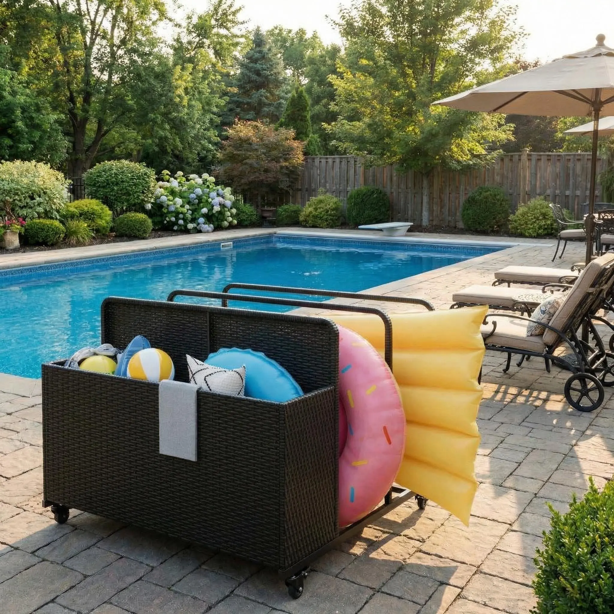 Hand-Woven All-Weather PE Rattan Pool Float Storage Basket, Steel Frame, Locking Rolling Wheels, 2 Open Compartments, Side Slots, Large Cap, 20-Minute Easy Setup Outdoor Wicker Rolling Caddy for Poolside, Patio, 20 Minutes, Locking Wheels