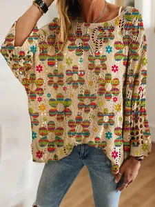 Floral Colorblock Print Long Sleeve Knitted Top, Casual Elegant Chic Vacation Style Sweater, Loose Fit Batwing Shoulders, Spring Summer Fall, Womenswear Knitwear