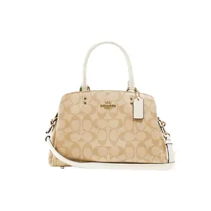 COACH Lillie 26 Metallic Carriage Logo Tote Bag for Women – Coated Canvas and Smooth Leather, White and Khaki Monogram