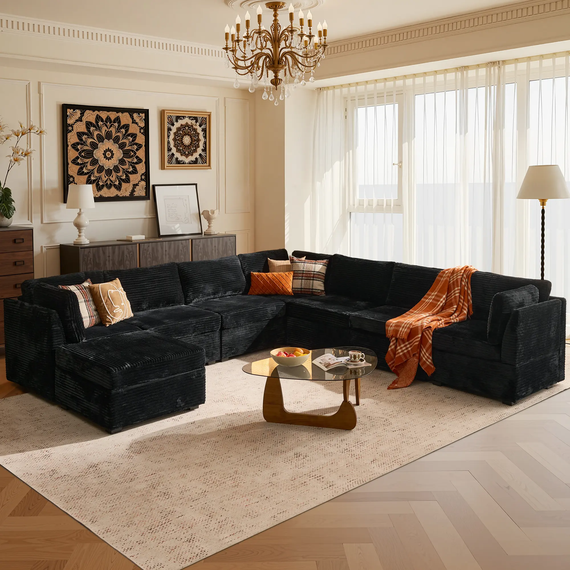 CAODOC 8 PCS Modular Sectional Sofa With Ottoman,Convertible Sectional Plush Corduroy Cloud Couches with Deep Seat Sofa Cushion, 8 Seater Large Modular Sectional Sofa For Living Room