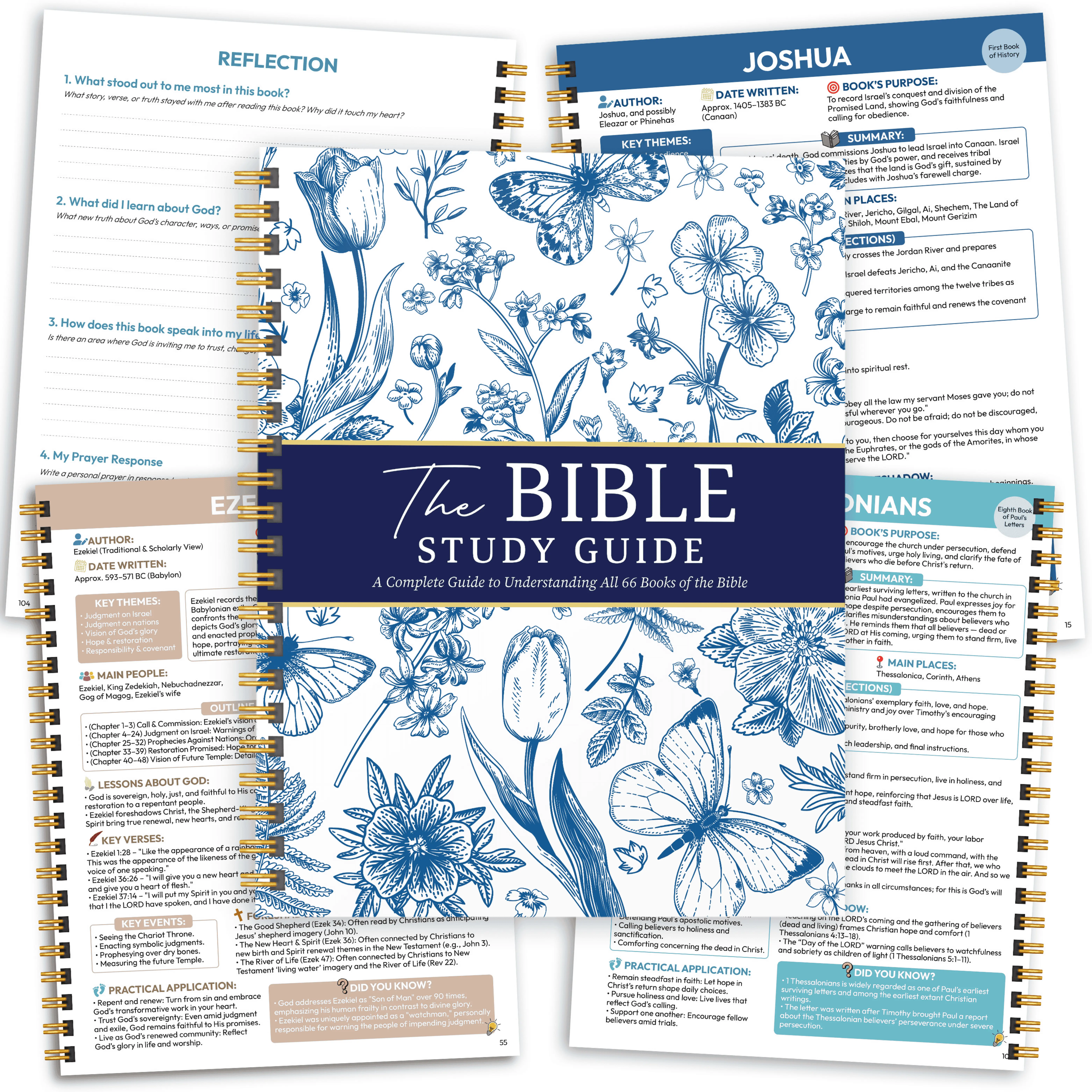 French Blue Flower Bible Study Guide for Women – Beginner-Friendly Study of All 66 Books with Life Application & Reflection Notes | 8.5" x 11" Spiral-Bound Journal, Christian Gifts