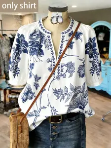 Women's Blue Print Blouse, Loose Fit V Neck Short Sleeve Top, Casual Summer for Work, Vacation, Beach, Dating