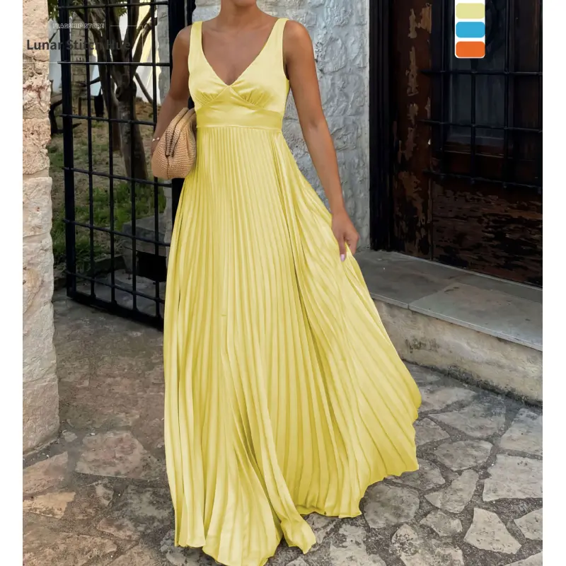 Spring/Summer Dress with Waist-Cinching Pleats, Strap V-Neck, Solid Color Fashionable Dress