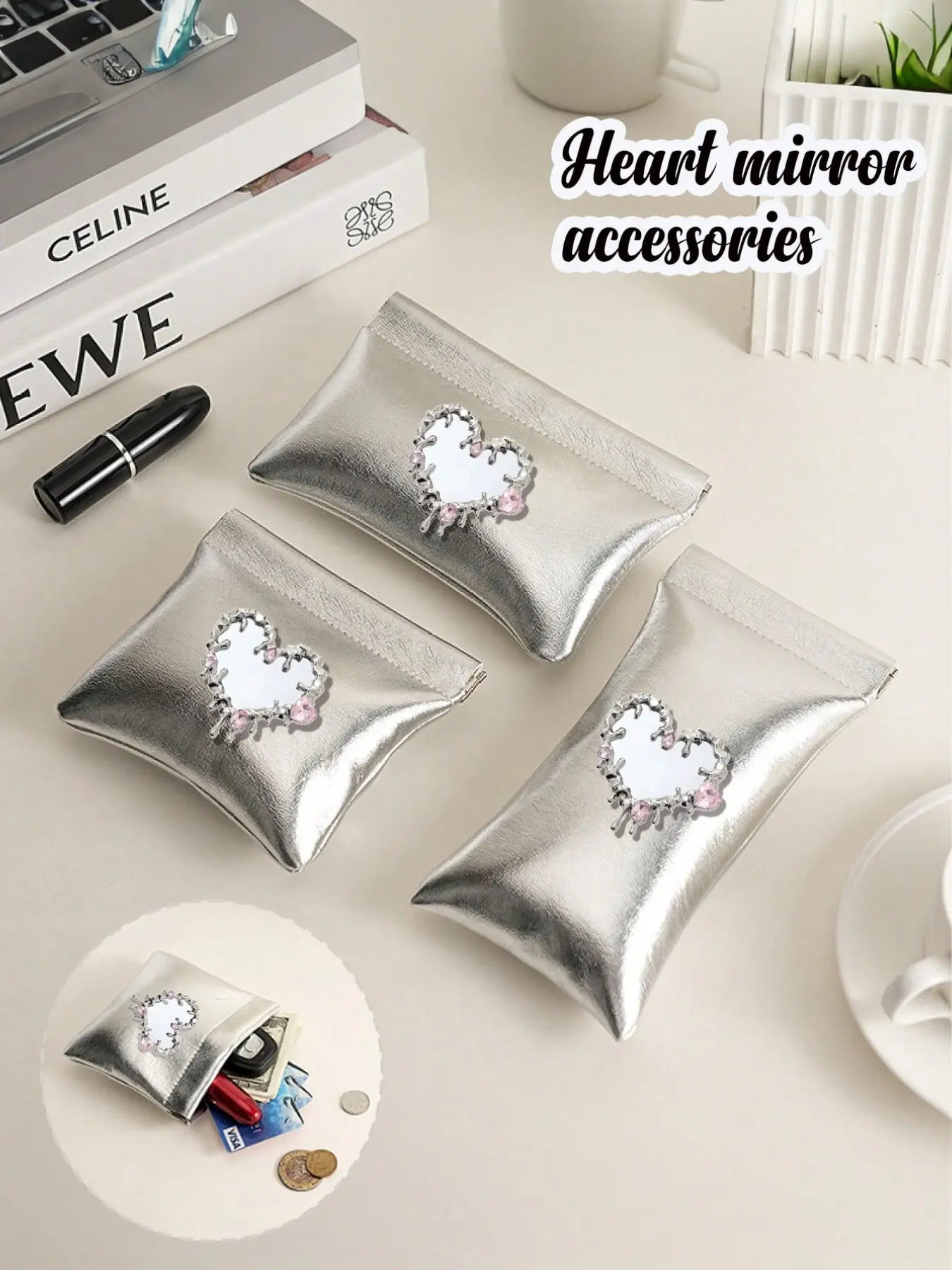 Cool Silver Color Small Wallet with Y2K Asymmetrical Metal Water Drop Mirror Accessories, Perfect for Jewelry Makeup Storage and Travel Essentials, Zipper Wallet Design