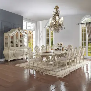 Acme 61280-82-83 7 pc Astoria Grand Roudebush Ragenardus Antique White Finish Wood Dining Table Set with Arm & Side Chairs Classic Design 44"x90"