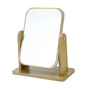 Unique Bargains Natural Wooden Makeup Mirror, 360° Rotating Makeup Mirror, Desk Stand Mirror, Beige