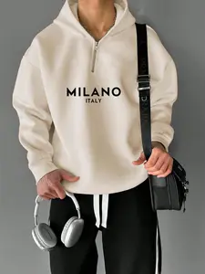 Men's Letter Print Hoodies Set, Casual Loose-Fit Long Sleeve Zip-Up Sweatshirts, Thick Fabric, Perfect for Streetwear & Fall Winter