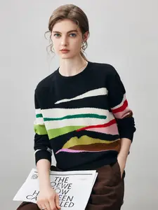 COMOBOCA 100% Cashmere Women's Abstract Pattern Round Neck Sweater for Cozy Winter Wear - Figure-Flattering Design, Regular Fit