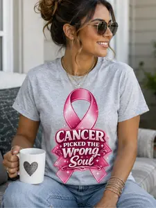 Breast Cancer Ribbon 'Cancer Picked The Wrong Soul' T-Shirt | Awareness Tee Cotton Cotton Cotton Fabric Pink