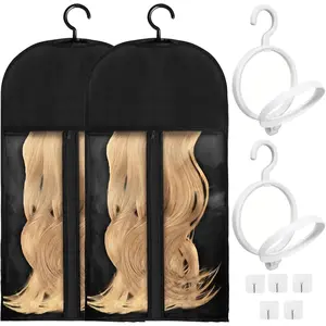 2Packs Hanging Wig Stand 2packs Wig Storage Bags Dust-proof Wig Bags With Hanger With Clear Zipper Closure for Multiple Wigs Hats and Hair Extensions Accessories (White stand-Black bag)
