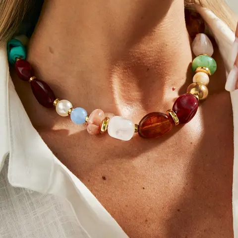 Women's Boho Vintage Resin Beaded Necklace, Fashionable Retro Jewelry for Women, Elegant Accessory for Daily Wear & Special Occasions, Beach Boho Necklace
