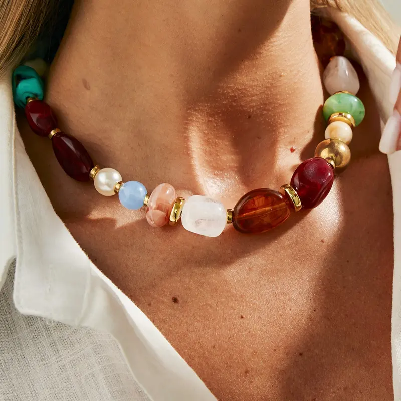Women's Boho Vintage Resin Beaded Necklace, Fashionable Retro Jewelry for Women, Elegant Accessory for Daily Wear & Special Occasions, Beach Boho Necklace