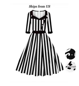 Black White Striped Three Quarter Sleeve Dress Contrast Collar Fit Flare Midi Vintage Style Office Party Evening Event Fashionable Womenswear Elegant Formal