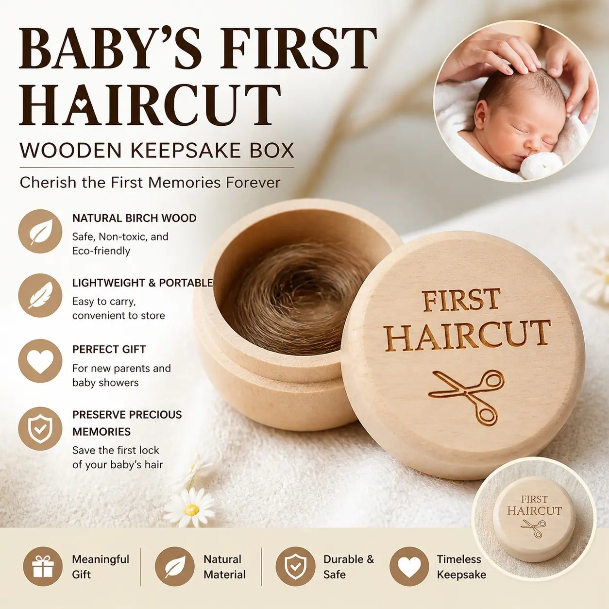 Natural Birch Wood Wooden Fetal Hair Memorial Box, Portable Hair Keepsake Storage, Perfect Gift for New Parents, Lightweight and Simple Design