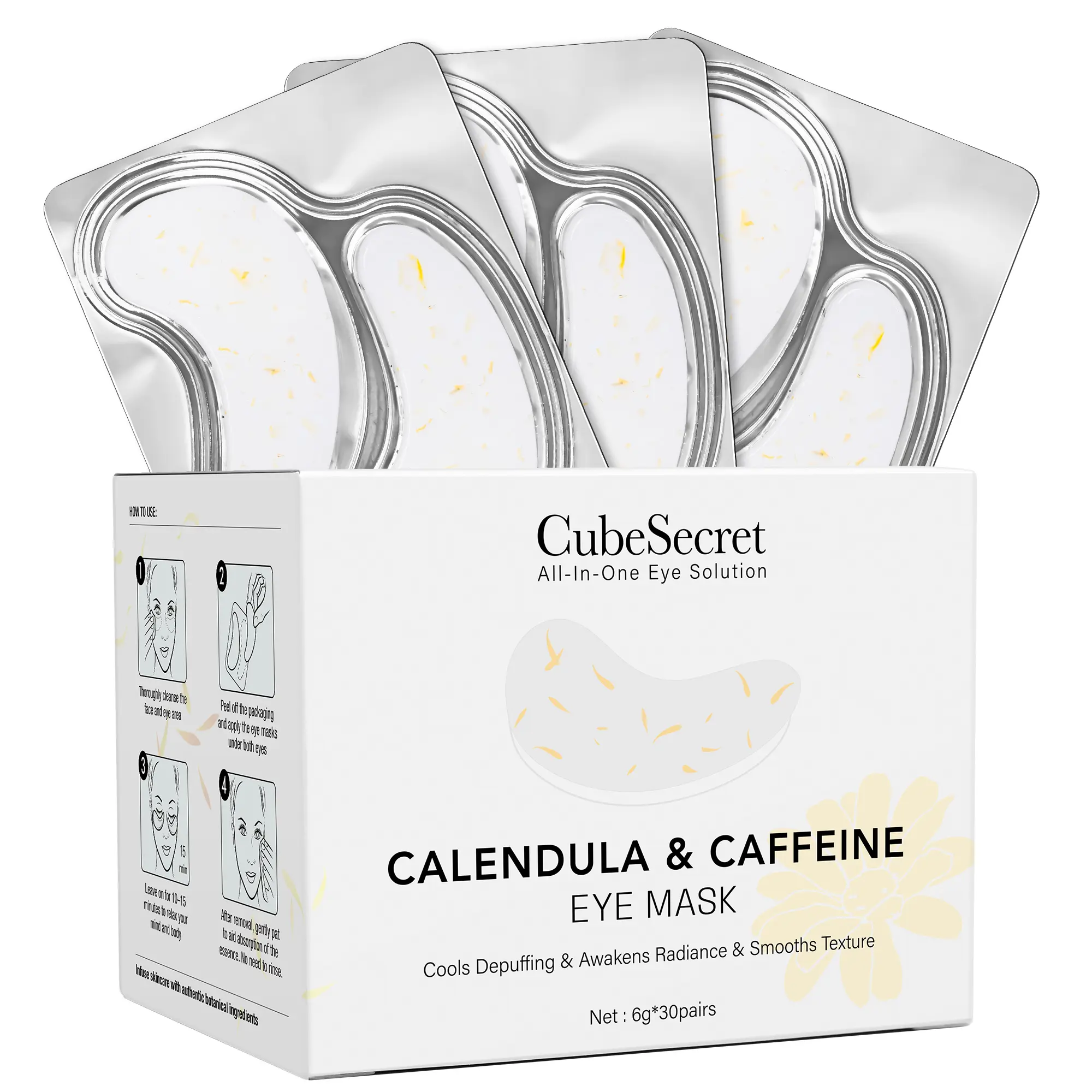 【CubeSecret】30 pairs Caffeine Calendula Eye Mask, rich in plant ingredients, gentle non-irritating, safe for sensitive skin, highly moisturizing, makeup better, effectively reduces eye bags fine lines and dark circles, eye patches, Smoothing Moisturizer