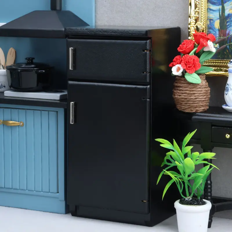 1:12 Miniature Wooden Black Fridge with Gold Hardware, Double Door Dollhouse Kitchen Appliance for Model Train Set, Realistic Replica Christmas Gift